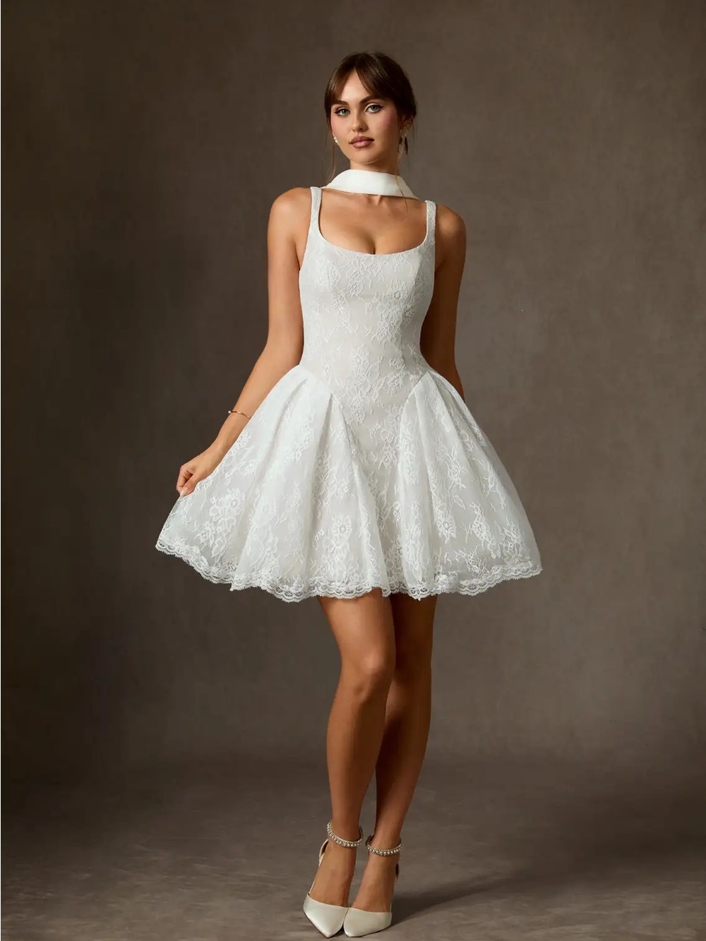 Azazie Dawn White Lace Fit-and-Flare Mini Dress with Scarf